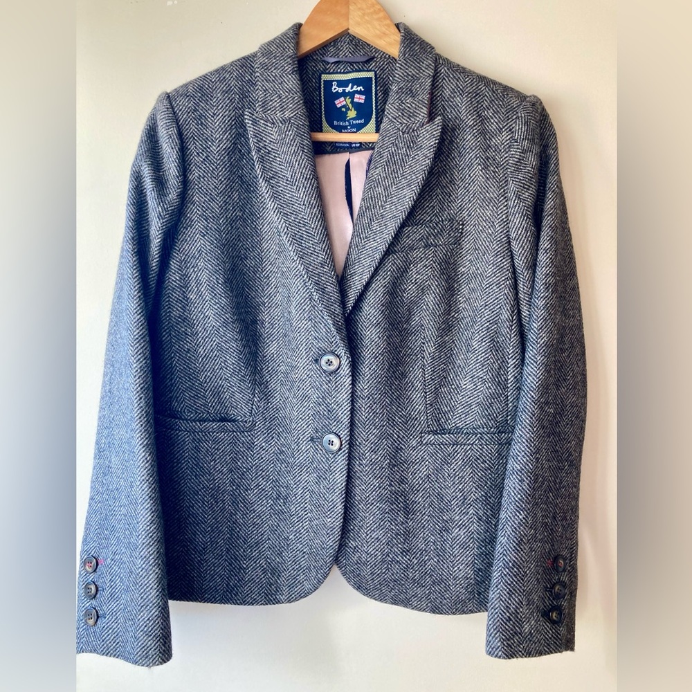 NWOT Boden British Tweed by Moon Gray Herringbone blazer, women’s US 10P